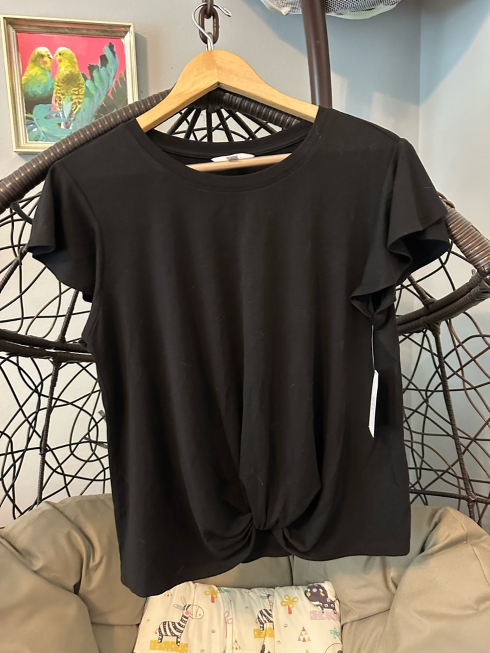 Time and Tru Black Knot-Front Flutter Sleeve Tee